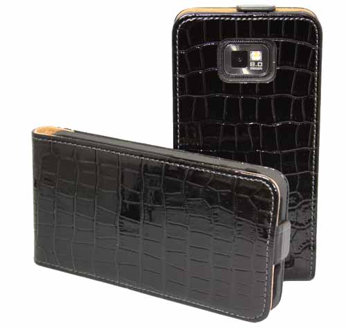 Croco Flip Tasche für Samsung i9100 Galaxy S2 in schwarzer Lederoptik