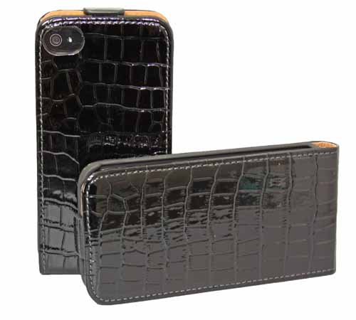 Croco Flip Tasche für Apple iPhone 4 4S in schwarzer Lederoptik